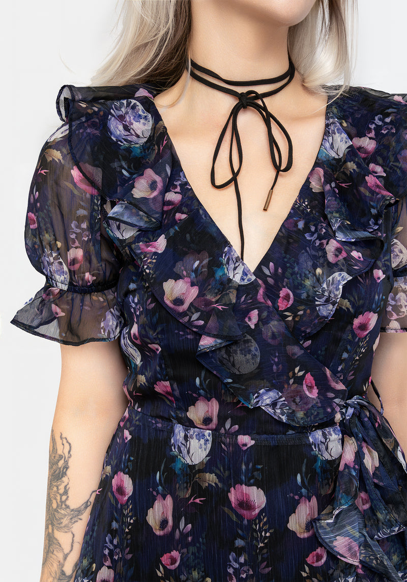 Socordia Floral Moon Chiffon Frill Wrap Mini Dress | Disturbia - Shop Women's Gothic, Alternative & Dark Romantic Fashion, Accessories & Homeware Socordia Floral Moon Chiffon Frill Wrap Mini Dress | Disturbia - Shop Women's Gothic, Alternative & Dark Romantic Fashion, Accessories & Homeware