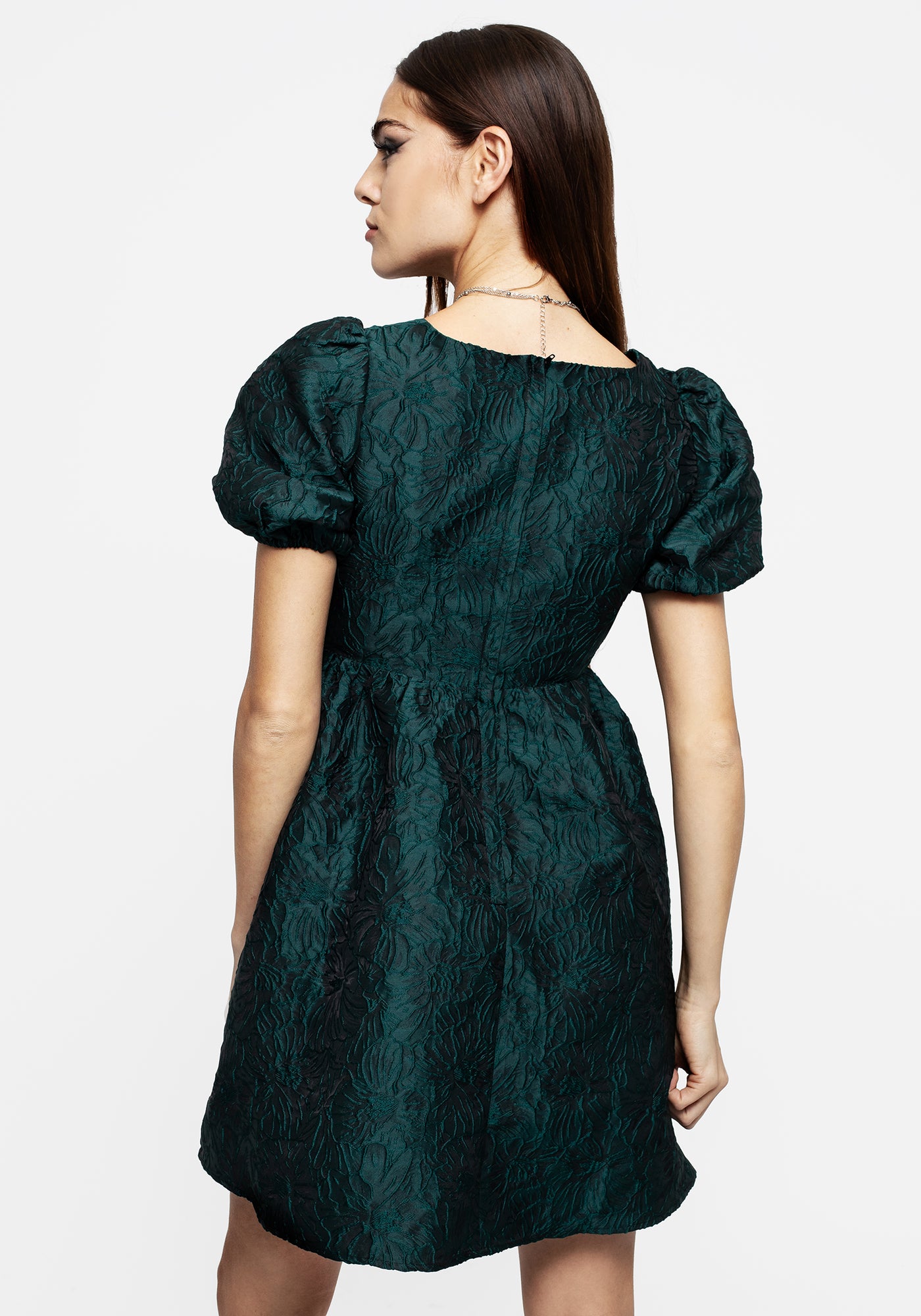 Tiffany Jacquard Puff Sleeve Mini Dress - Green | Disturbia - Shop