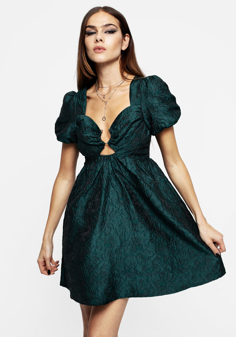 Tiffany Jacquard Puff Sleeve Mini Dress - Green | Disturbia - Shop Women's Gothic, Alternative & Dark Romantic Fashion, Accessories & Homeware Tiffany Jacquard Puff Sleeve Mini Dress - Green | Disturbia - Shop Women's Gothic, Alternative & Dark Romantic Fashion, Accessories & Homeware