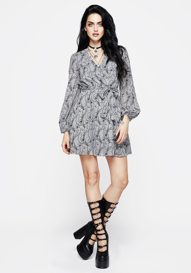 Rosethorn Flocked Velour Chiffon Faux Wrap Mini Dress - Blue Rosethorn Flocked Velour Chiffon Faux Wrap Mini Dress - Blue