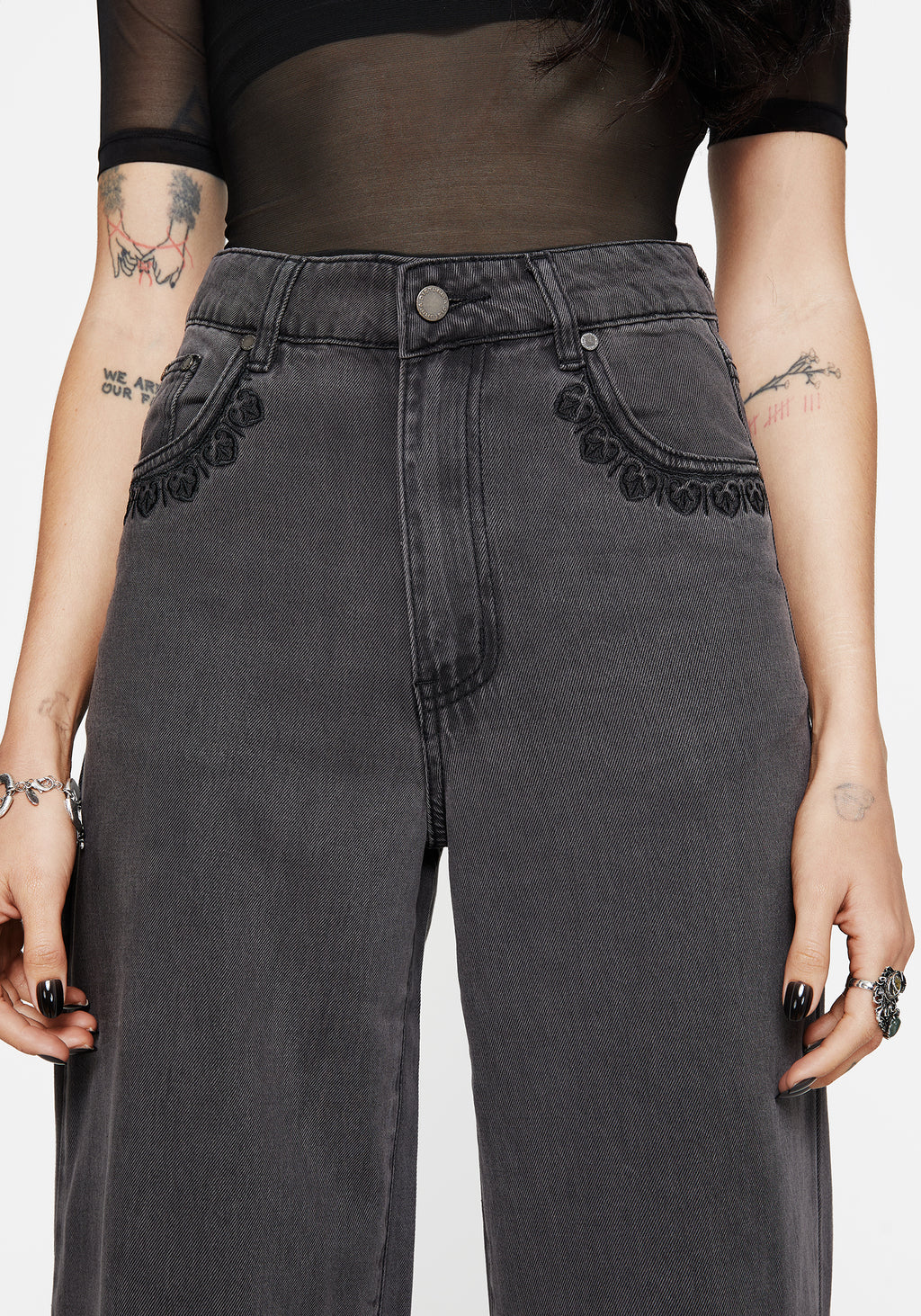 Distressed Embroid Nara Wide Leg Distressed Gothic Embroidery Jeans – Disturbia