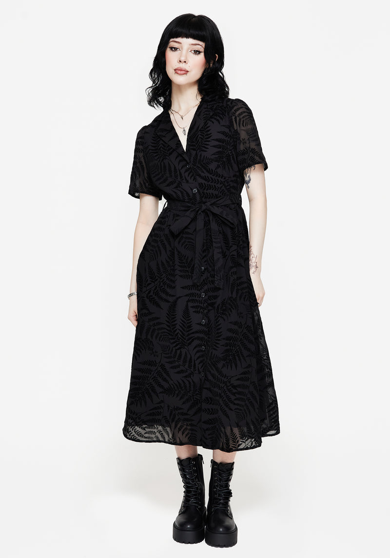 Lunafern Fern Printed Belted Midi Shirt Dress | Disturbia - Shop Women's Gothic, Alternative & Dark Romantic Fashion, Accessories & Homeware Lunafern Fern Printed Belted Midi Shirt Dress | Disturbia - Shop Women's Gothic, Alternative & Dark Romantic Fashion, Accessories & Homeware