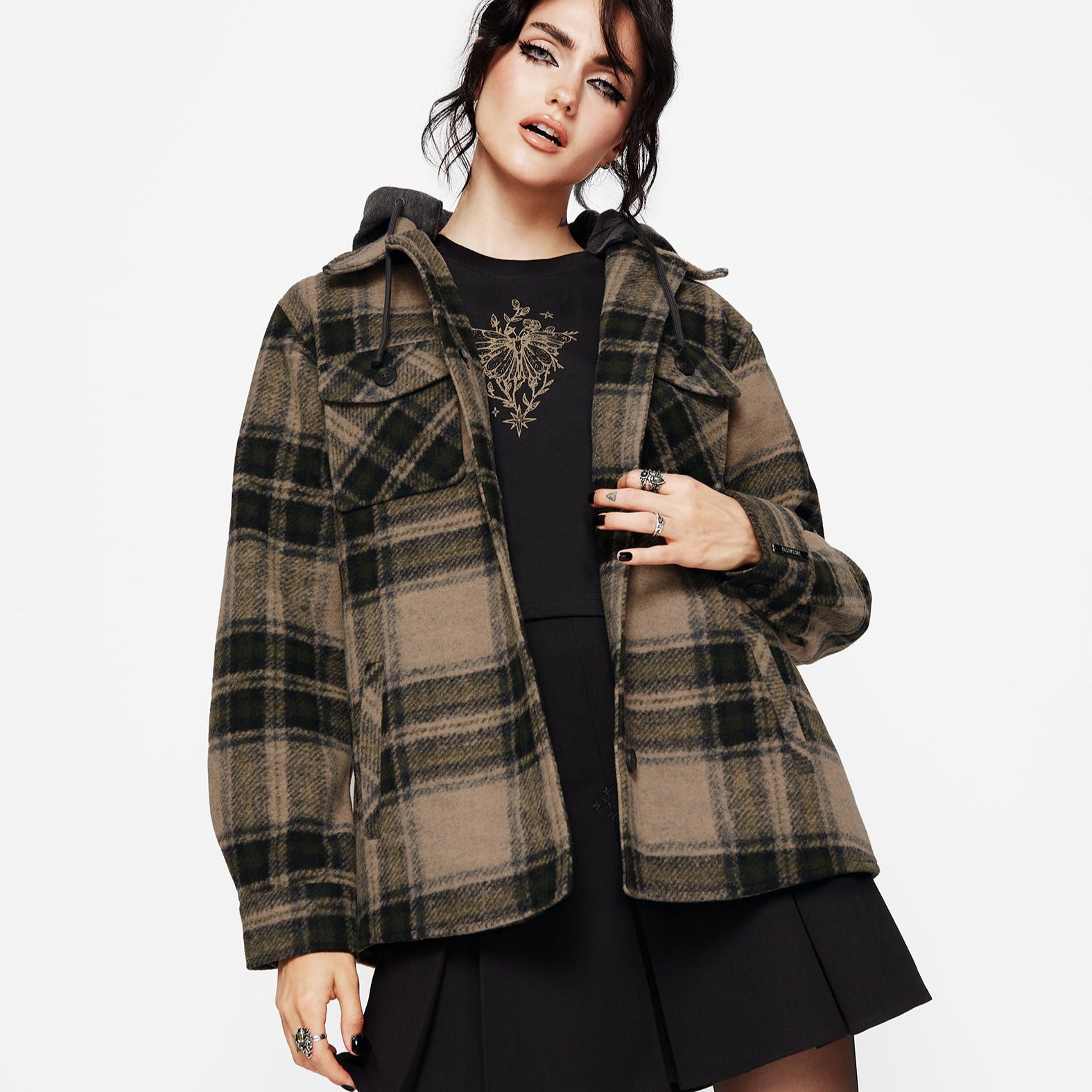 Trellis Hooded Pocket Check Shacket - Green – Disturbia