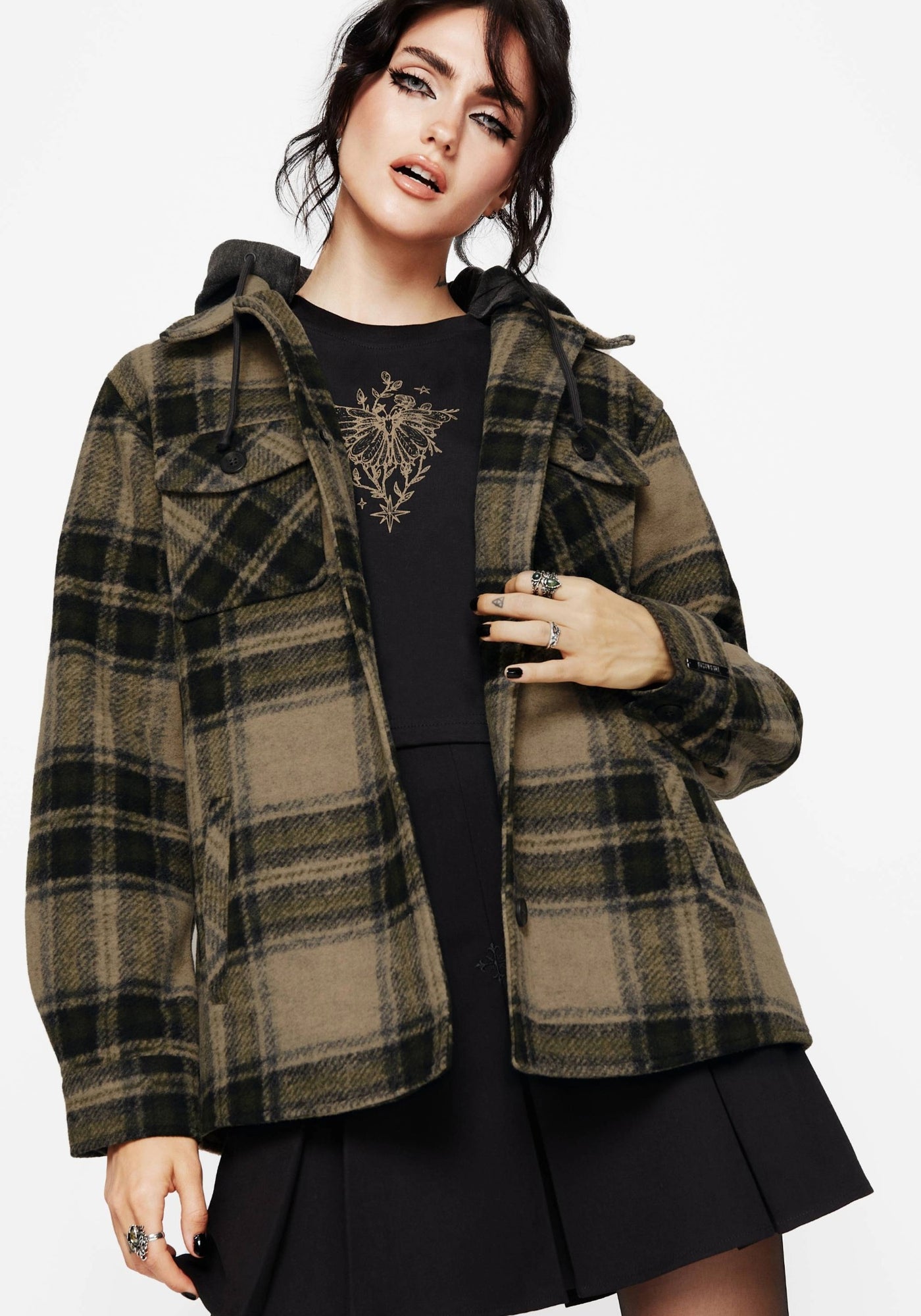 Trellis Hooded Pocket Check Shacket - Green – Disturbia