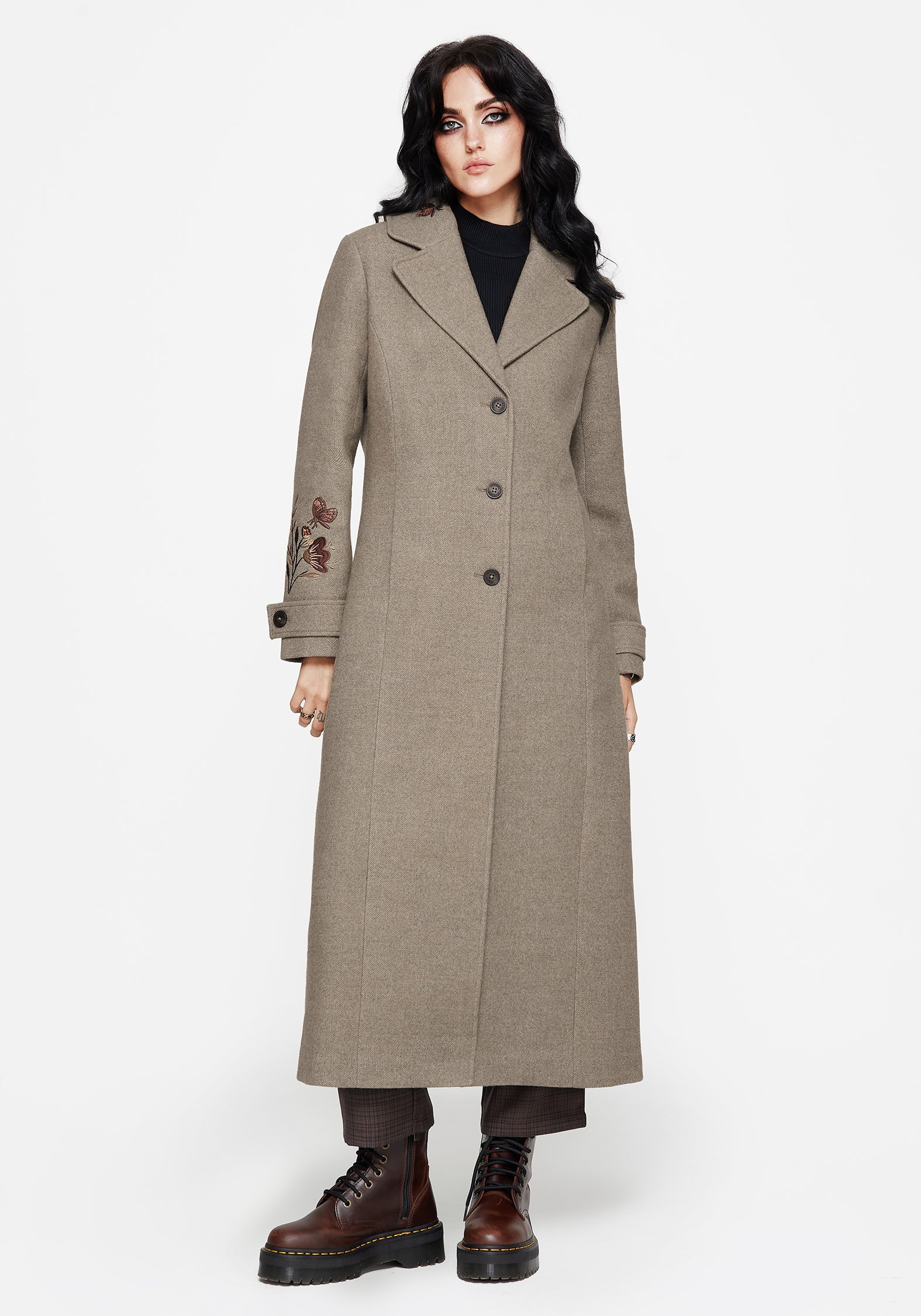 Valeria Floral Moth Embroidered Herringbone Longline Coat