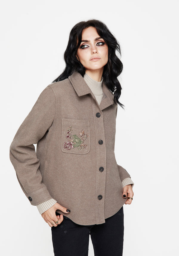 Cordelia Floral Frog Embroidered Pocket Front Shacket
