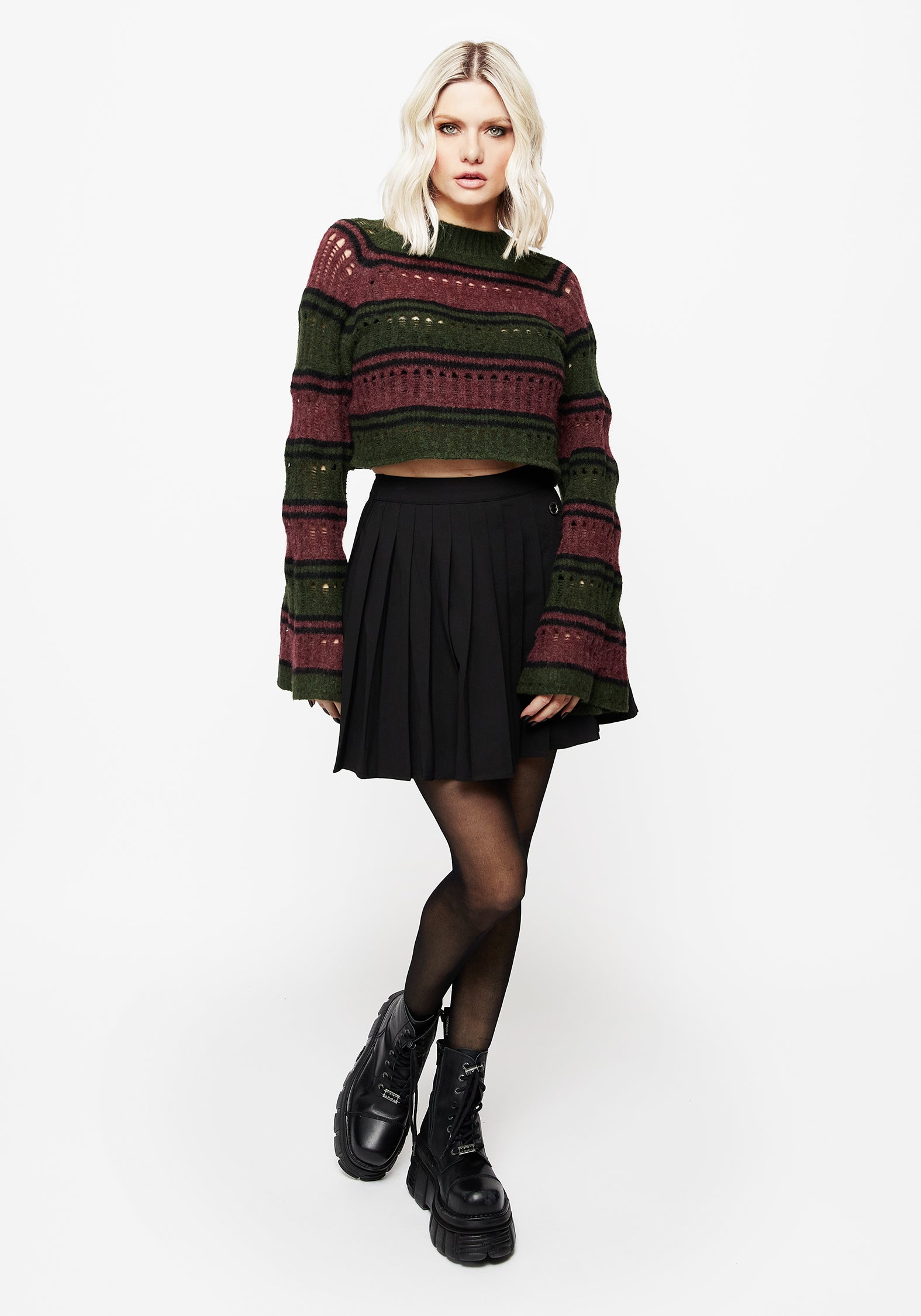 Splinter Stripe Knit Flare Sleeve Crop Sweater