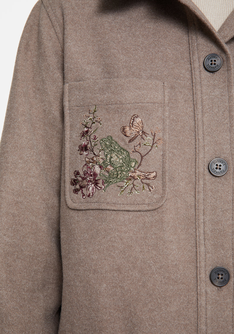 Cordelia Floral Frog Embroidered Pocket Front Shacket