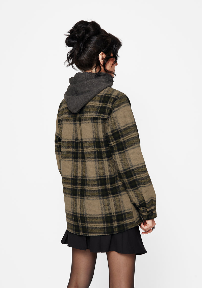 Trellis Hooded Pocket Check Shacket - Green