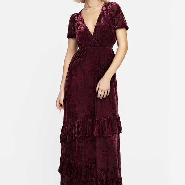 Monotropa Floral Flocked Velour Frill Midaxi Dress | Disturbia