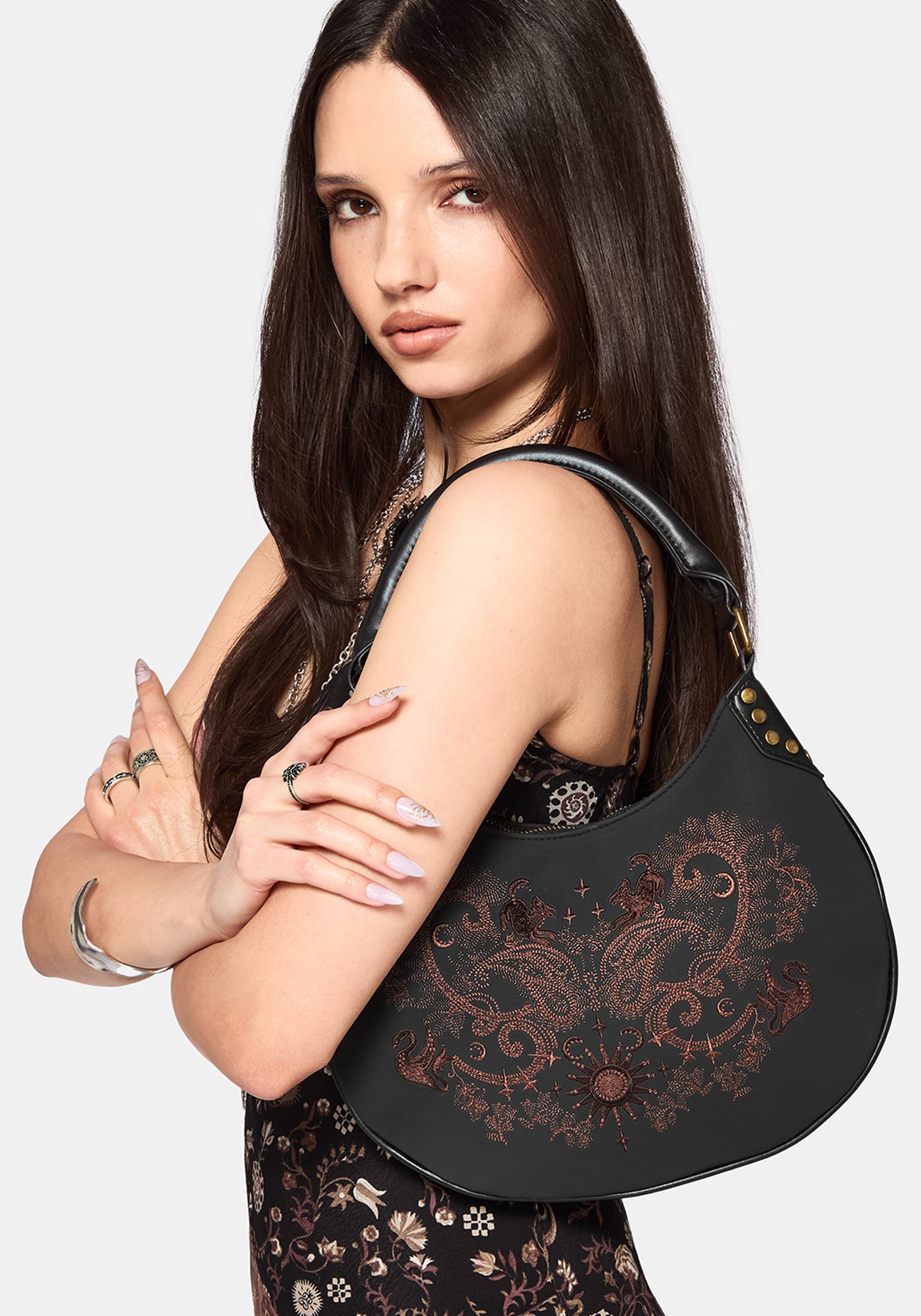 Shade Embroidered Crescent Shoulder Bag