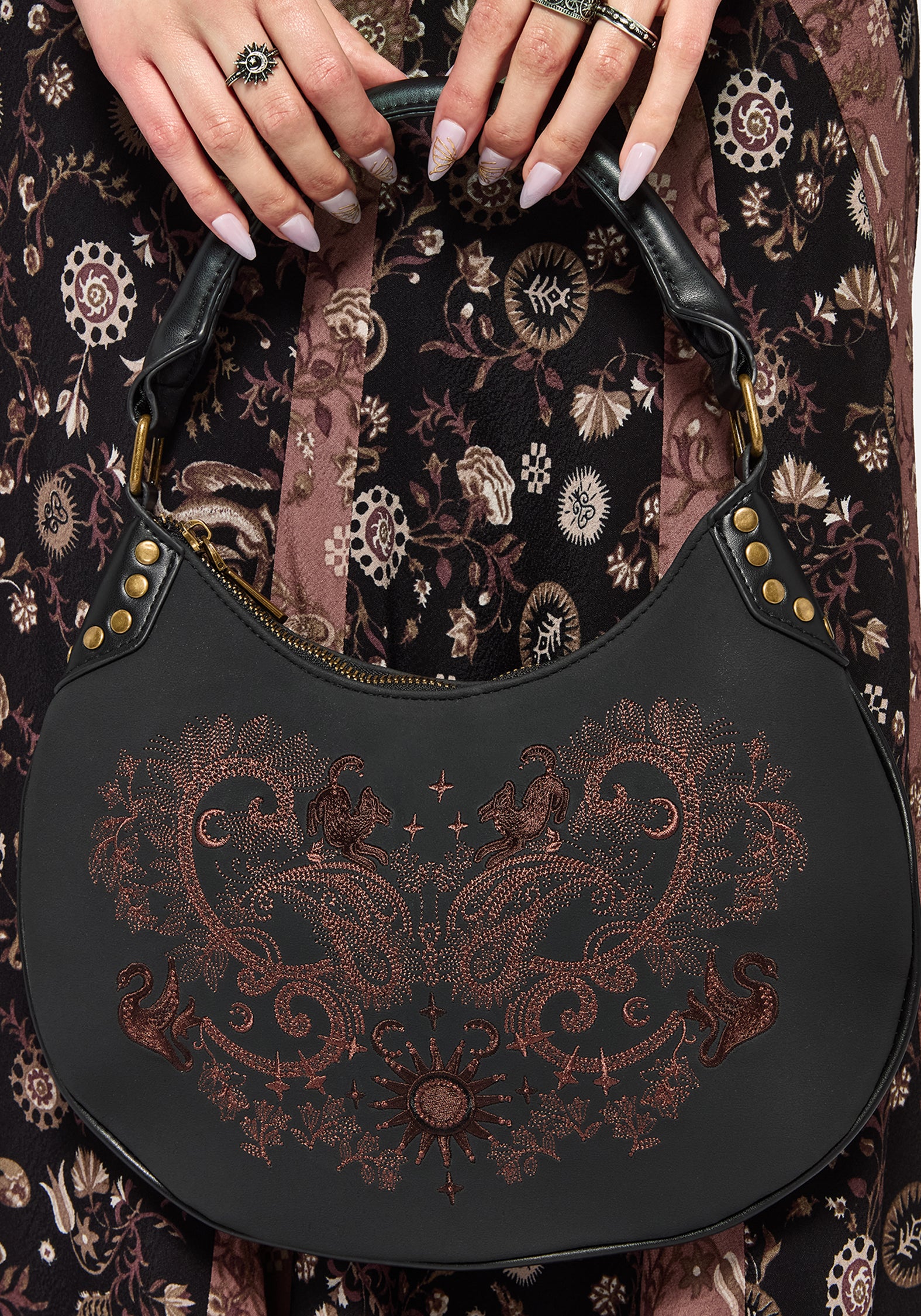 Shade Embroidered Crescent Shoulder Bag