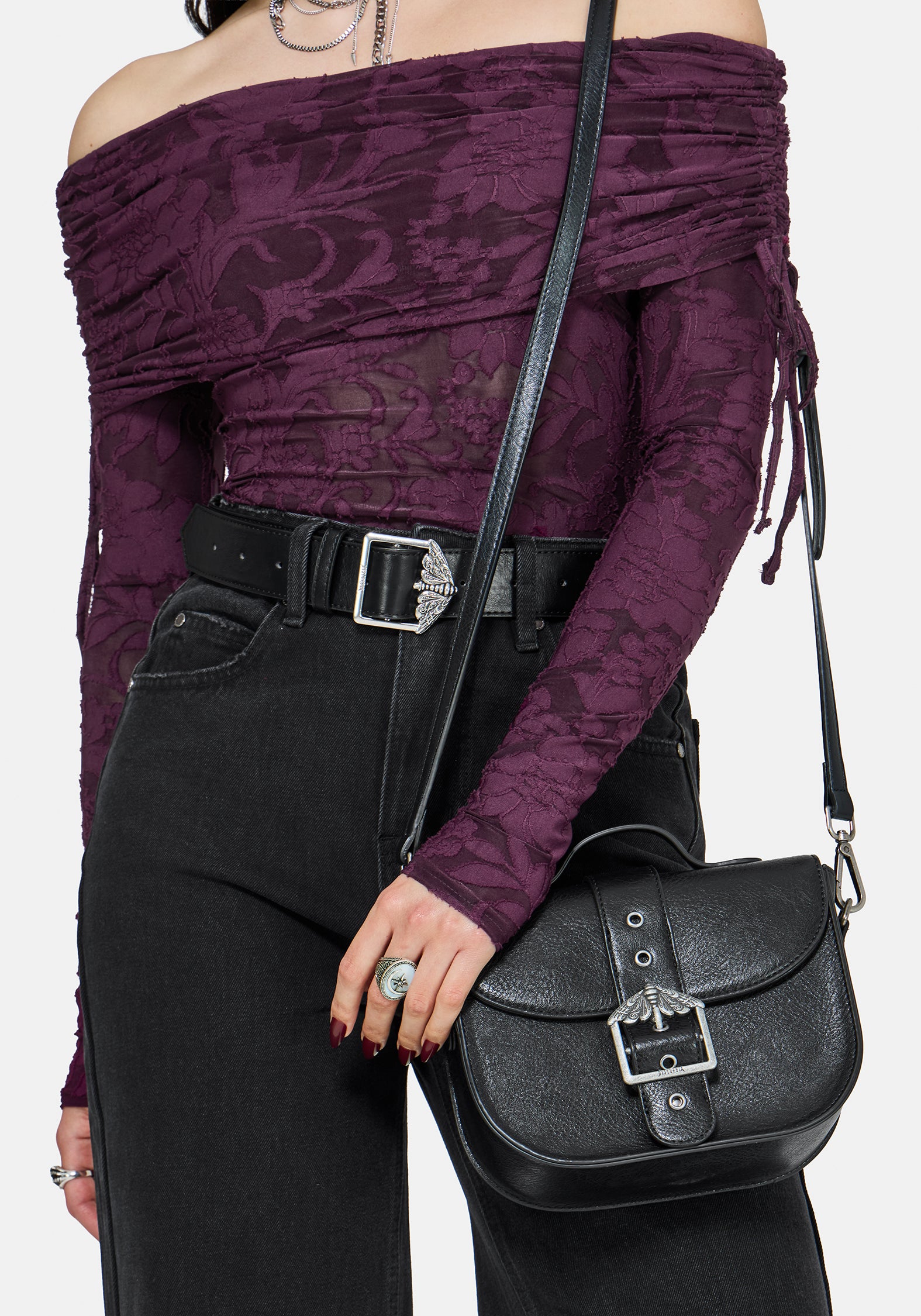 Rosamoth Buckle Crossbody Satchel Bag - Black
