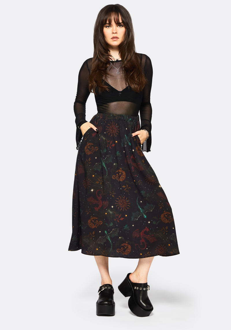 Phoenix Dragon Printed Pleated Midi Skirt