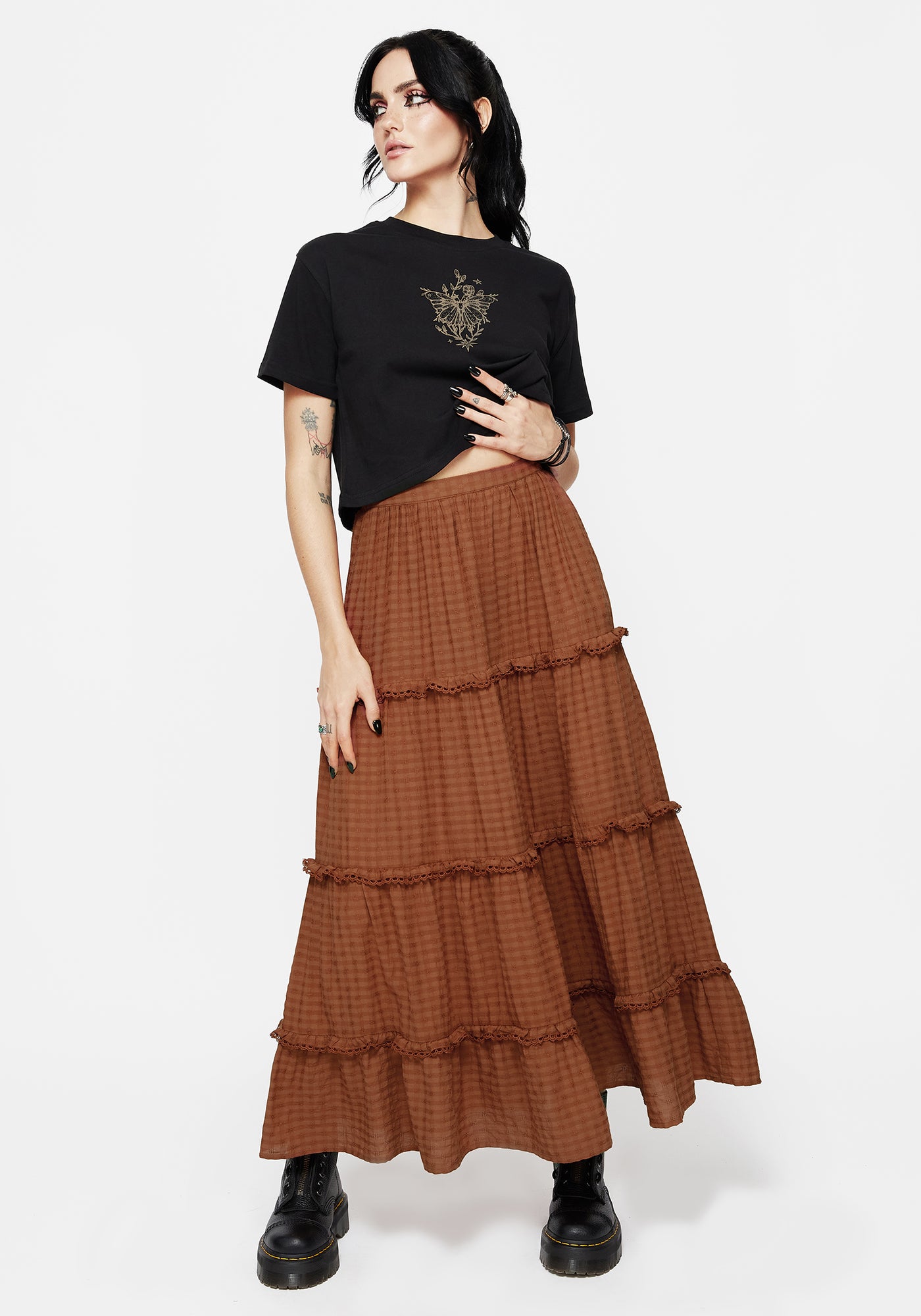 Soleil Cotton-Blend Check Tiered Maxi Skirt | Disturbia