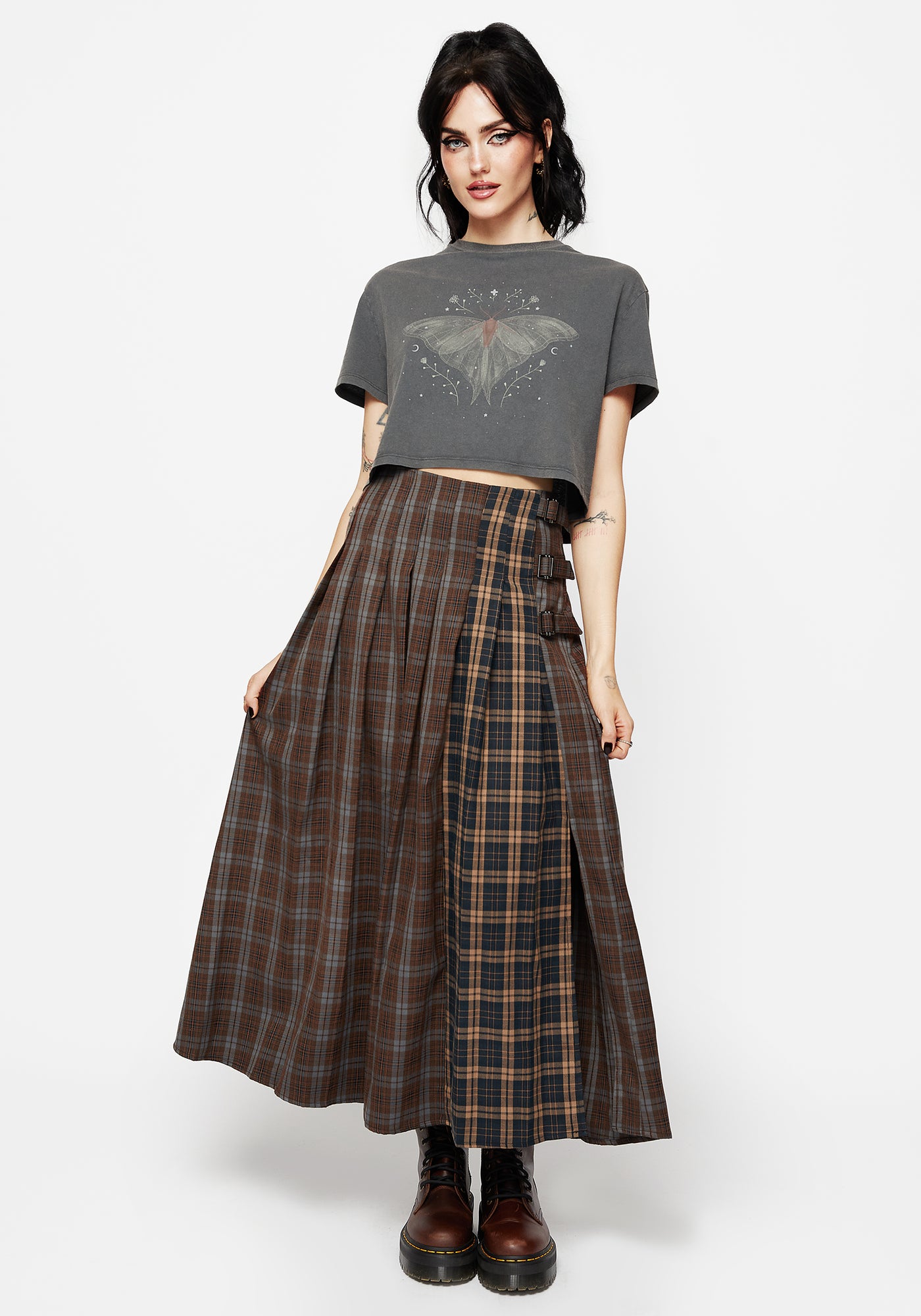 Raven Pleated Check Buckle Detail Maxi Skirt – Disturbia