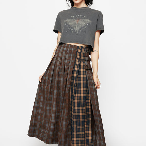 Raven Pleated Check Buckle Detail Maxi Skirt – Disturbia