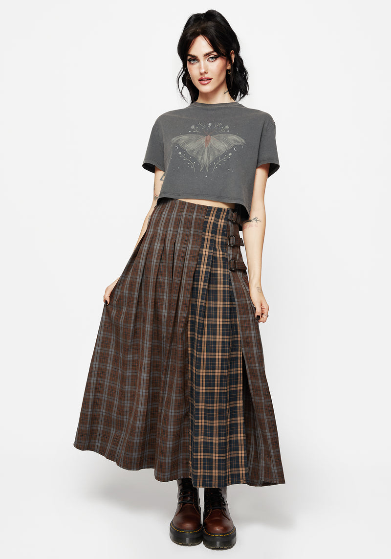 Raven Pleated Check Buckle Detail Maxi Skirt – Disturbia