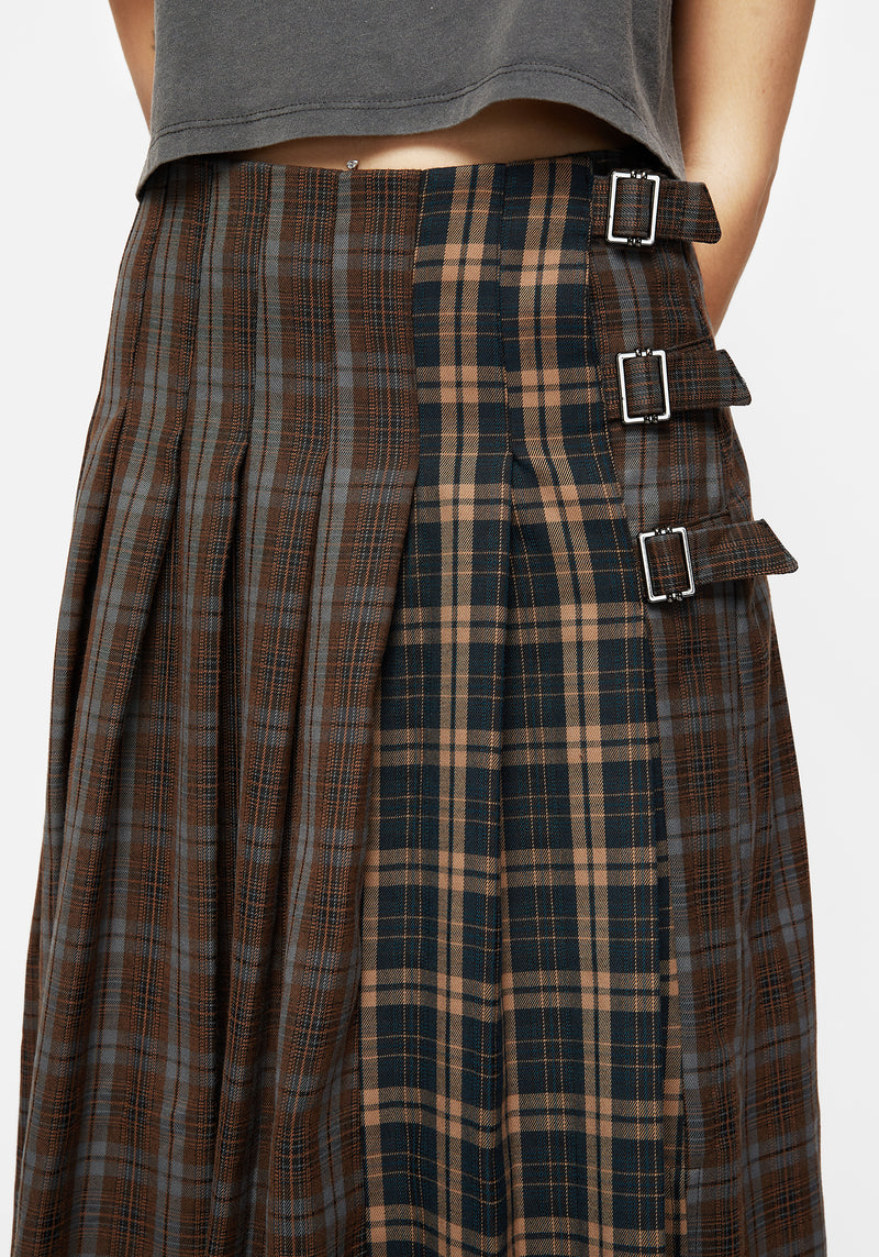 Raven Pleated Check Buckle Detail Maxi Skirt – Disturbia