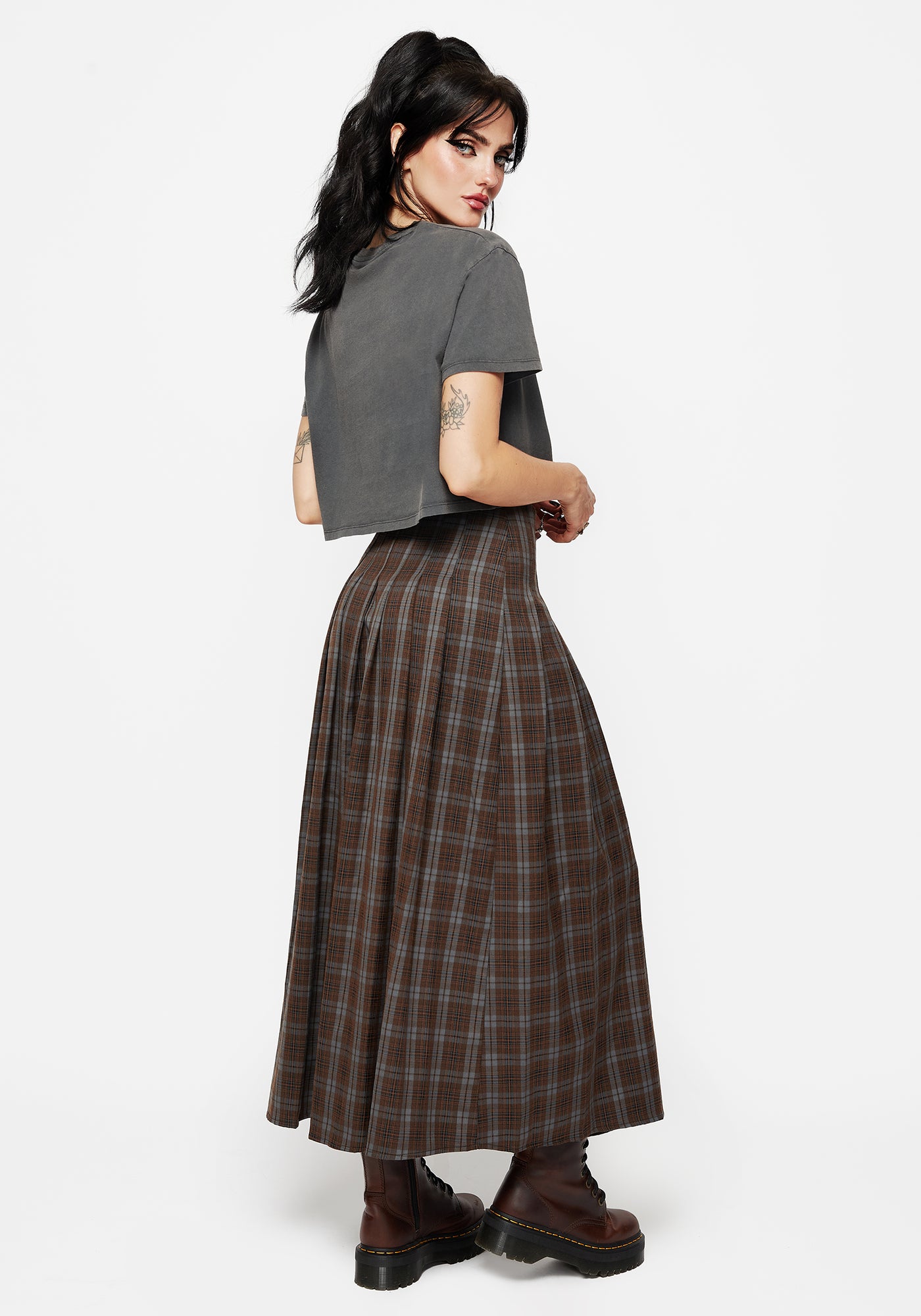 Raven Pleated Check Buckle Detail Maxi Skirt – Disturbia