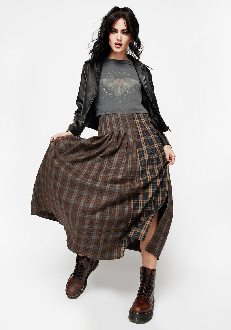 Raven Pleated Check Buckle Detail Maxi Skirt – Disturbia