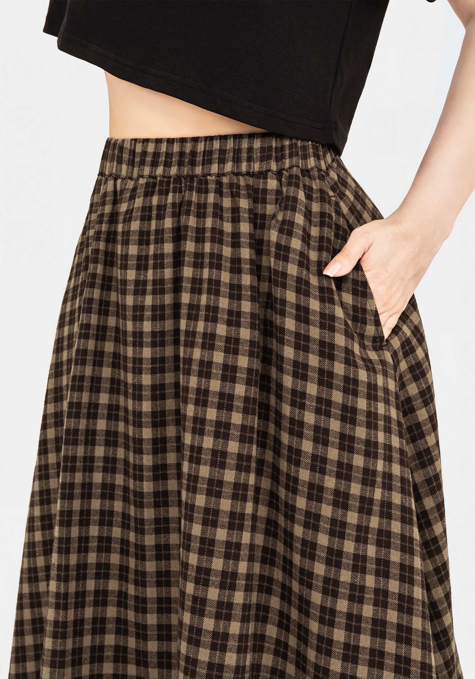 Terra Cotton Check Midi Skirt - Brown | Disturbia - Shop Women's
