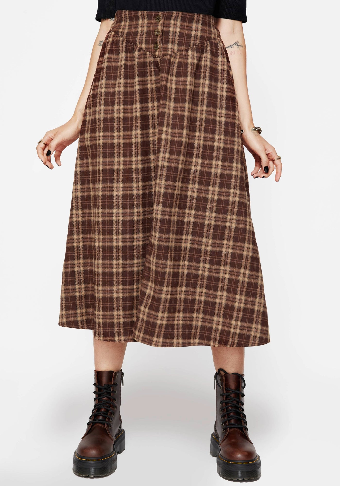 T*i様 EC Melodi / Brown Plaid Star Studde Milo Check Button Down Front Split Midi Skirt – Disturbia
