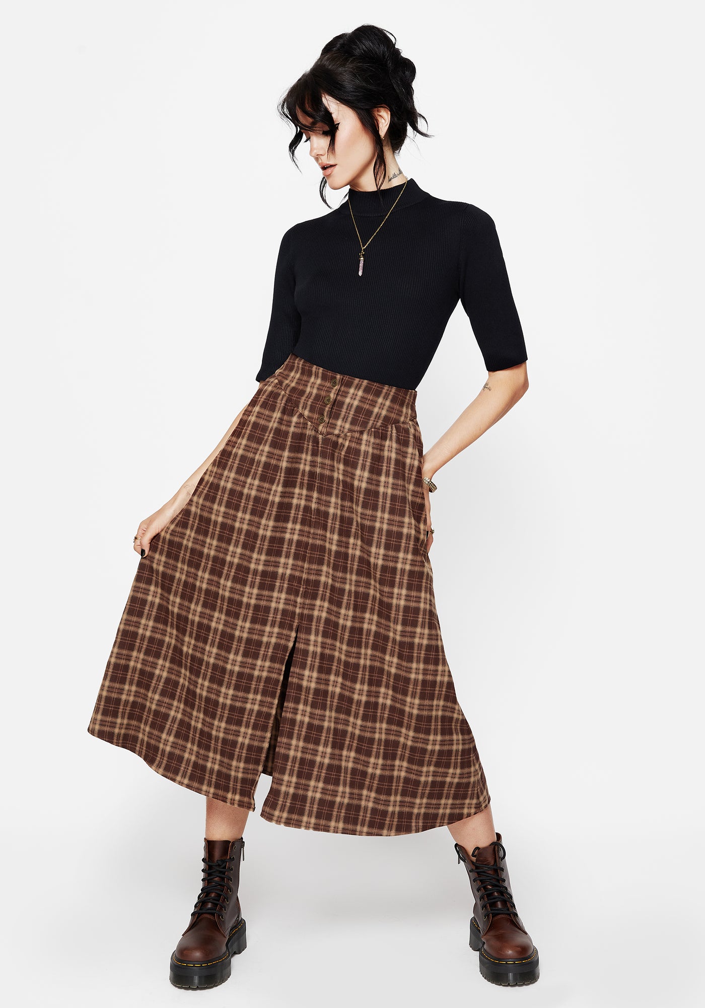Milo Check Button Down Front Split Midi Skirt – Disturbia