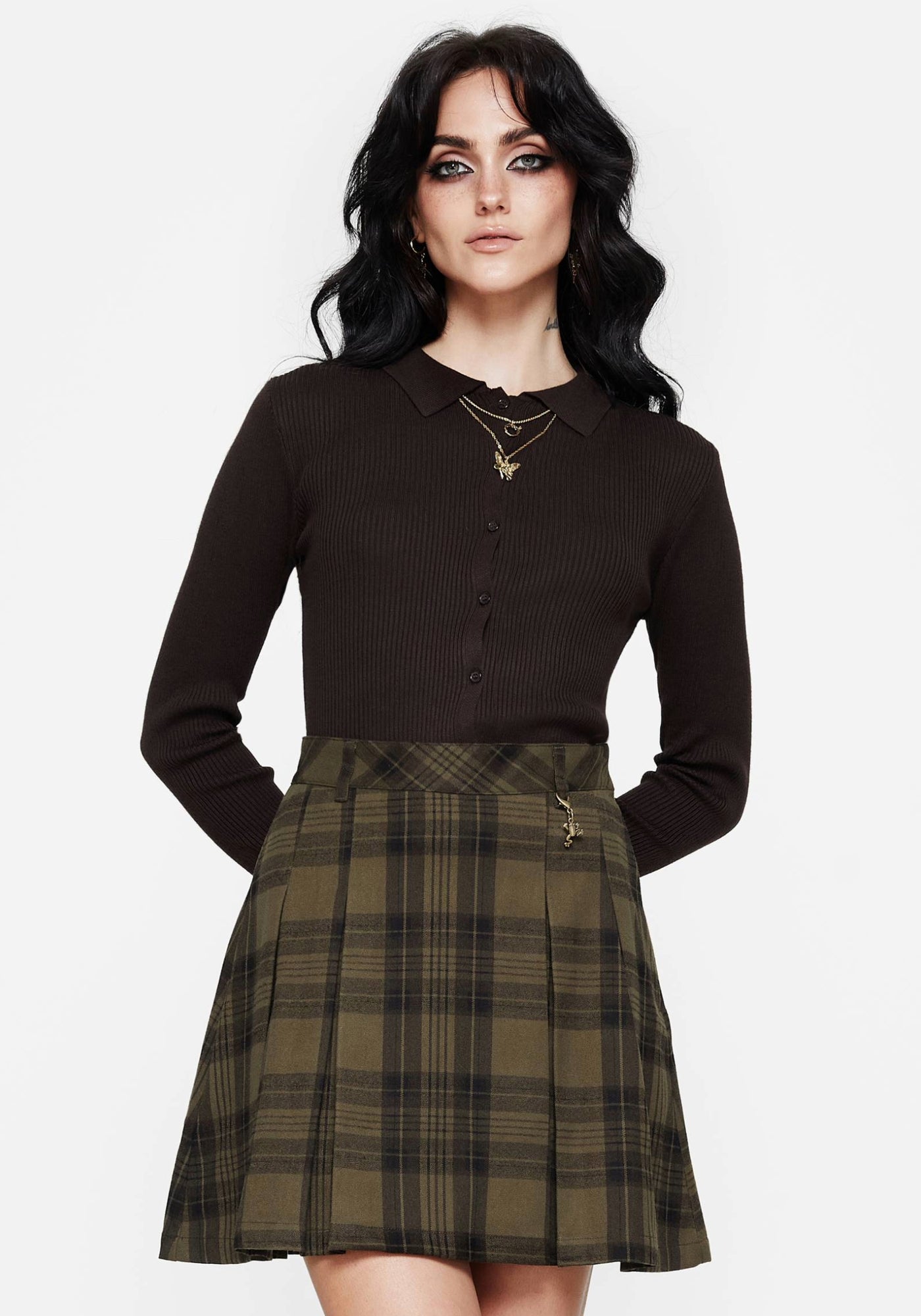 Cecily Check Pleated Mini Skirt With Frog Charm | Disturbia - Shop