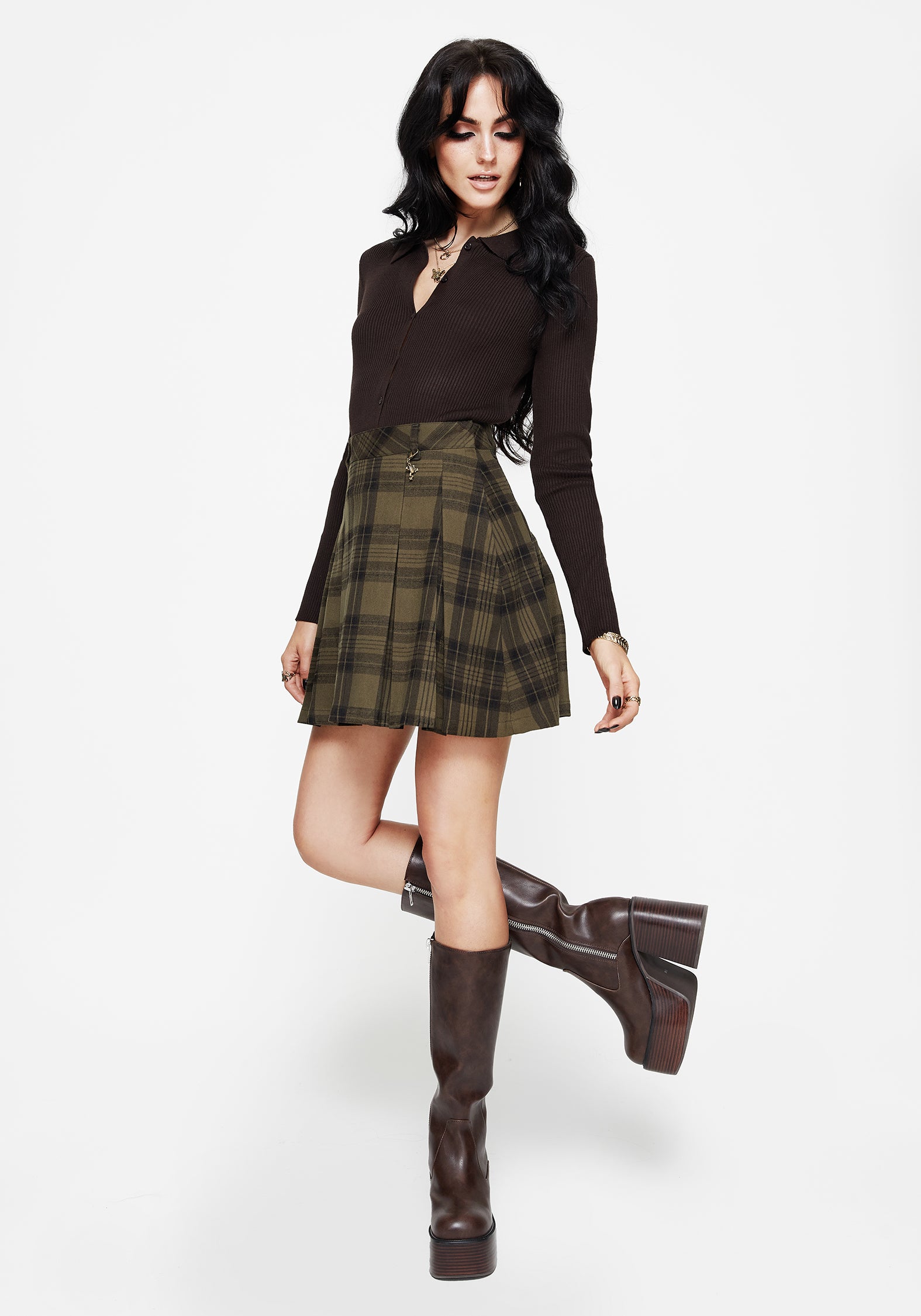 Cecily Check Pleated Mini Skirt With Frog Charm | Disturbia - Shop