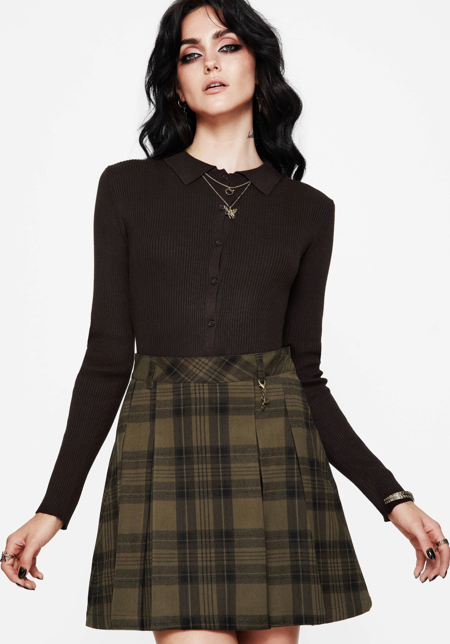 Cecily Check Pleated Mini Skirt With Frog Charm | Disturbia - Shop