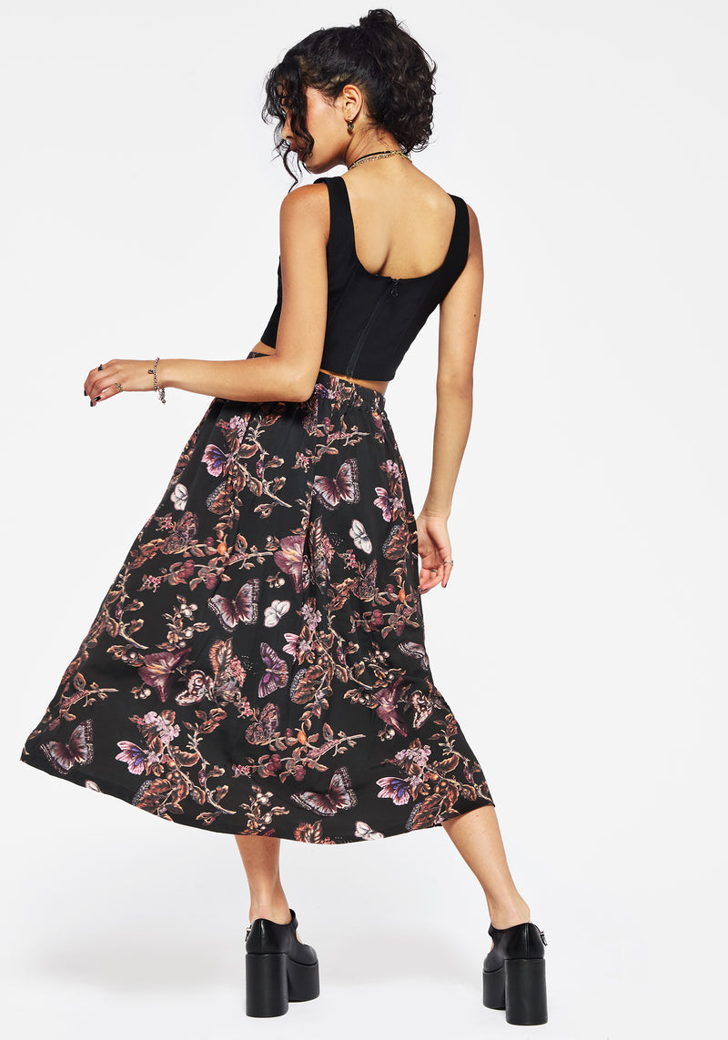 Eloise Floral Butterfly Print Button Up Midi Skirt | Disturbia - Shop Women's Gothic, Alternative & Dark Romantic Fashion, Accessories & Homeware Eloise Floral Butterfly Print Button Up Midi Skirt | Disturbia - Shop Women's Gothic, Alternative & Dark Romantic Fashion, Accessories & Homeware