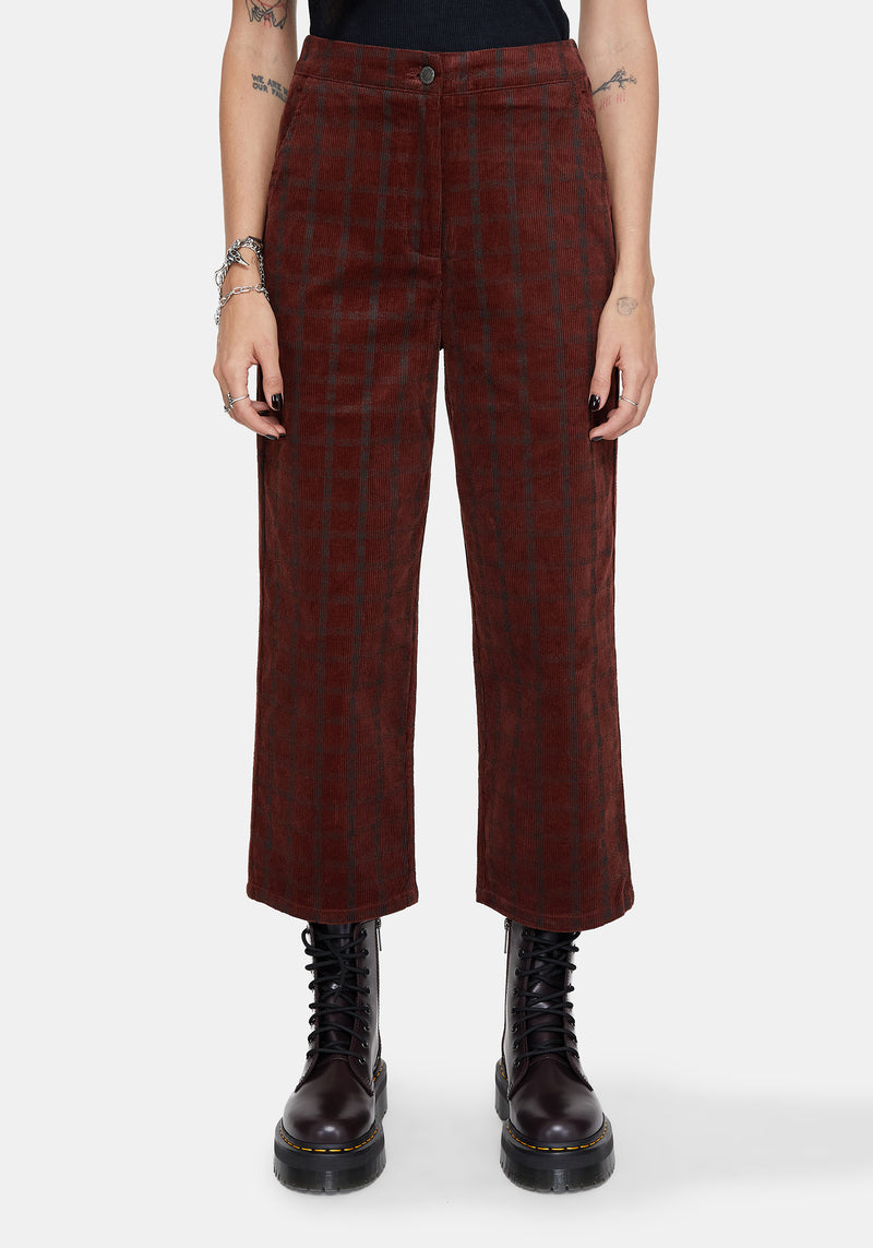 Terracotta Cotton Cord Check Straight Leg Crop Trousers