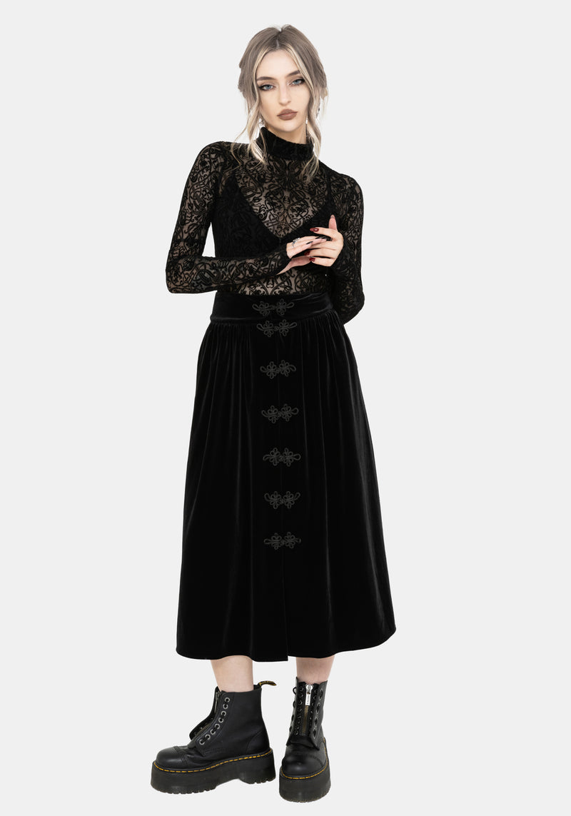 Nova Velour Frog Closure Midi Skirt – Disturbia