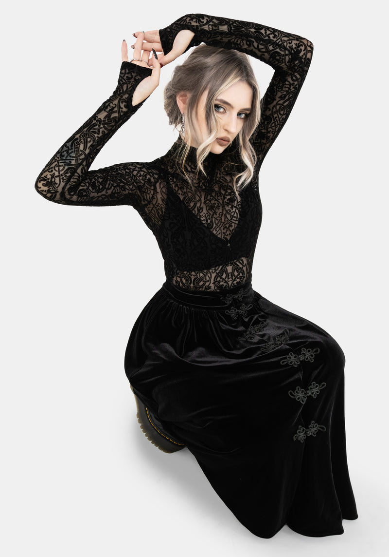 Nova Velour Frog Closure Midi Skirt – Disturbia