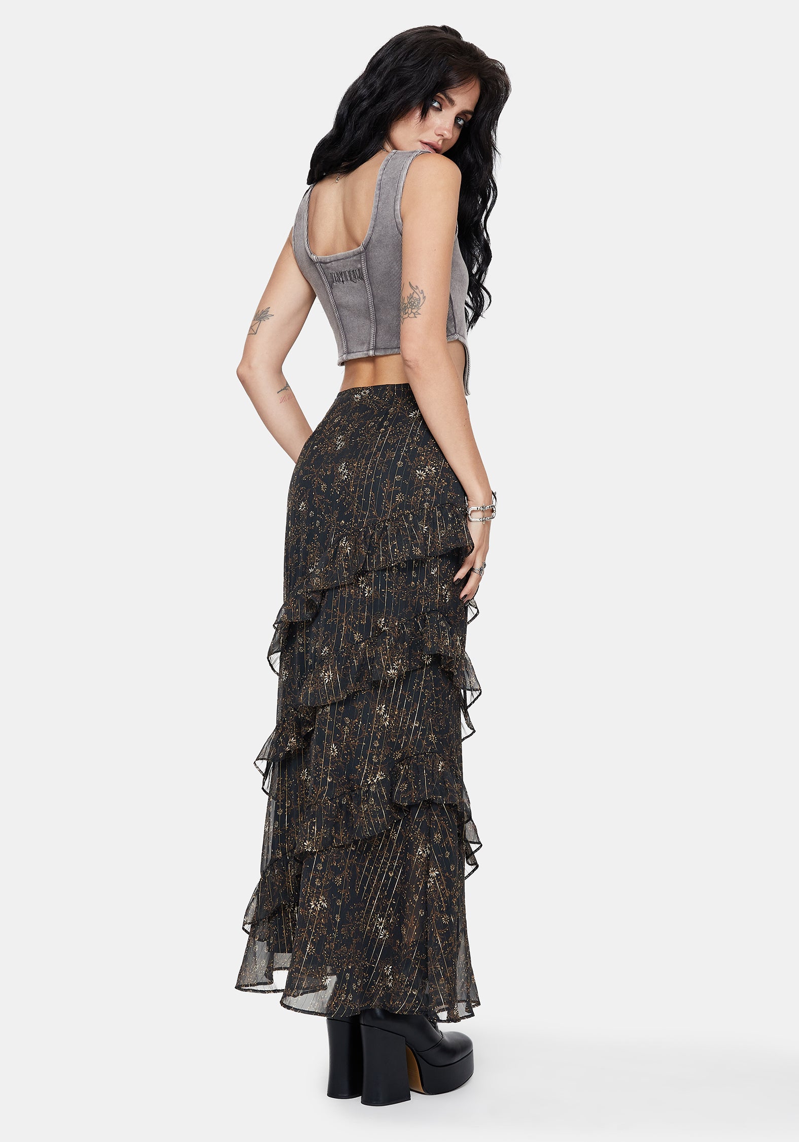 Astralis Floral Stripe Asymmetric Ruffle Tiered Maxi Skirt – Disturbia