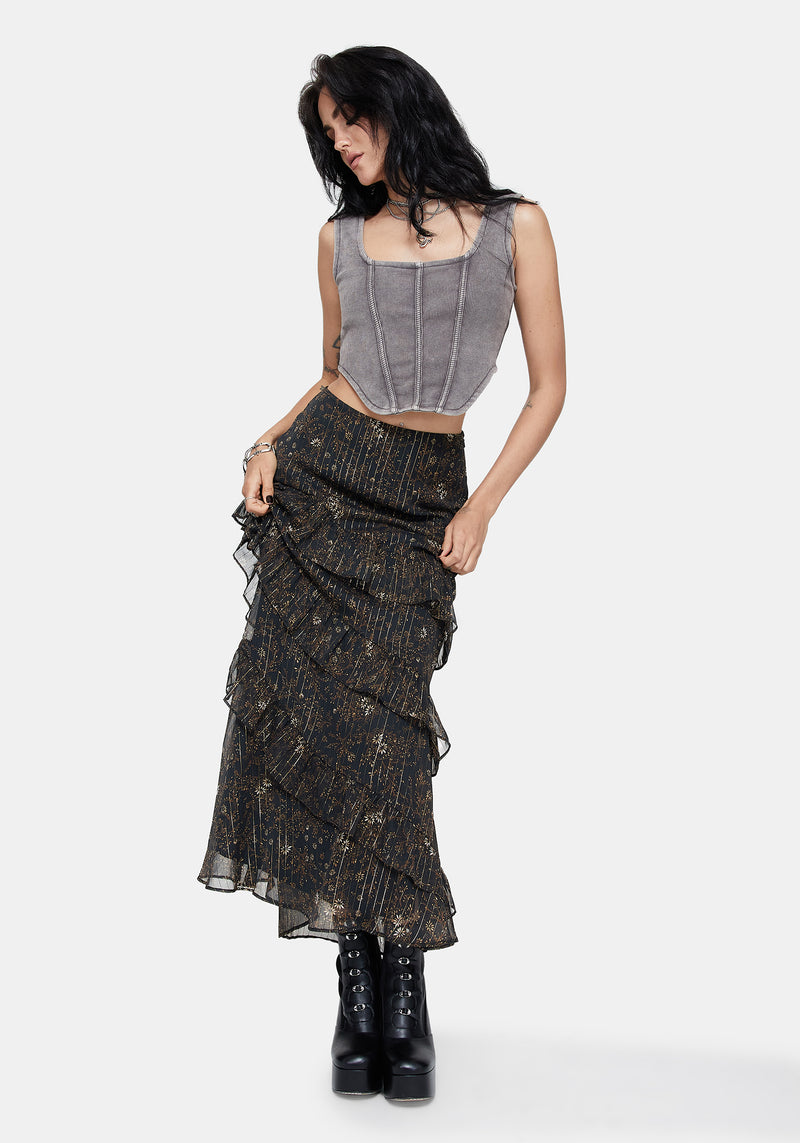 Astralis Floral Stripe Asymmetric Ruffle Tiered Maxi Skirt