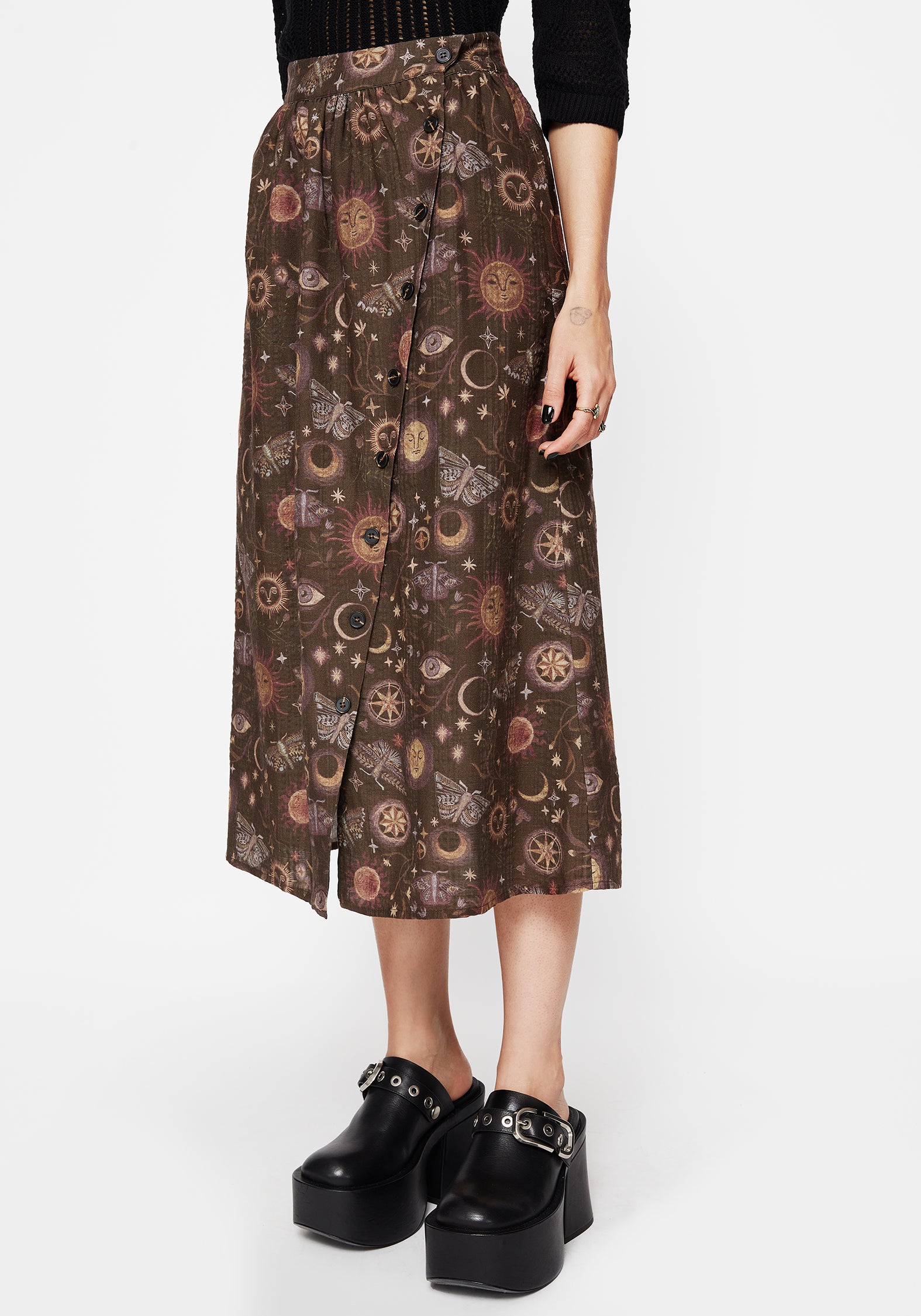 Rhea Cotton Blend Moth and Moon Print Midaxi Skirt – Disturbia