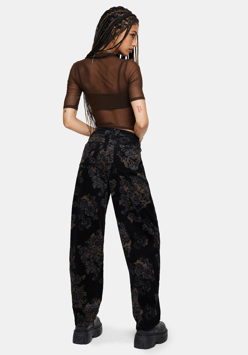 Fleur Printed Cord Barrel Leg Trouser