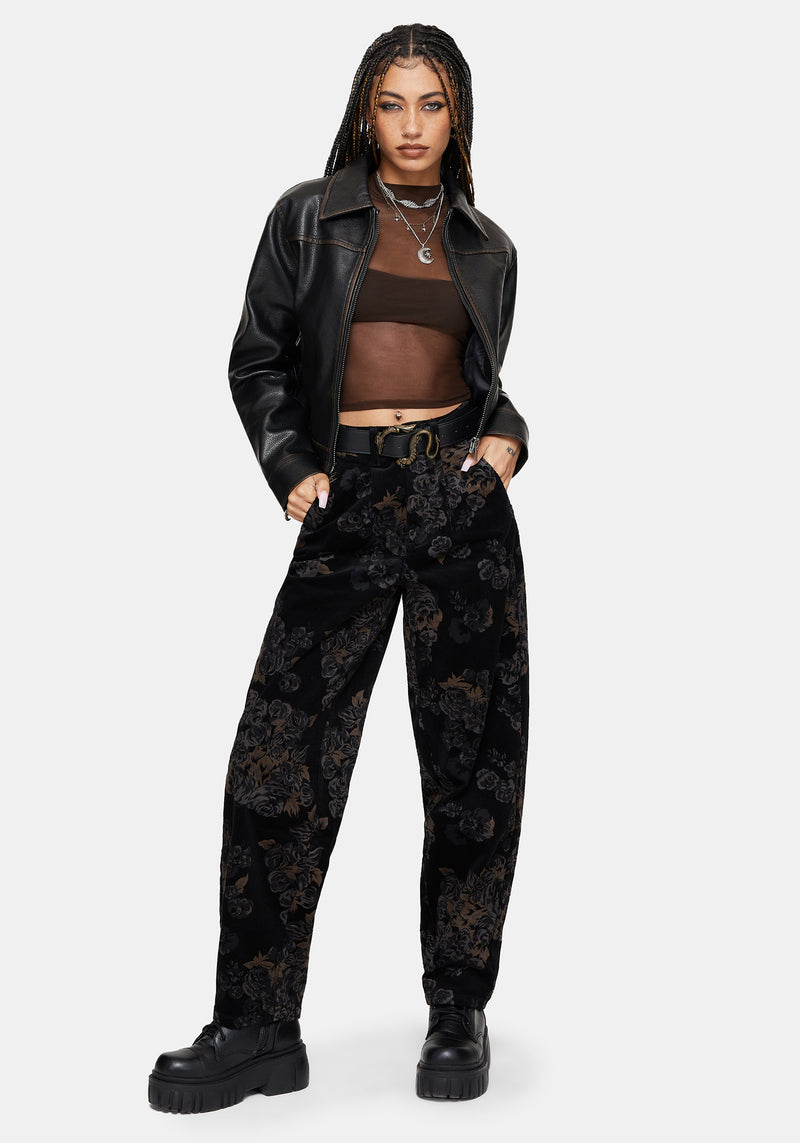 Fleur Printed Cord Barrel Leg Trouser