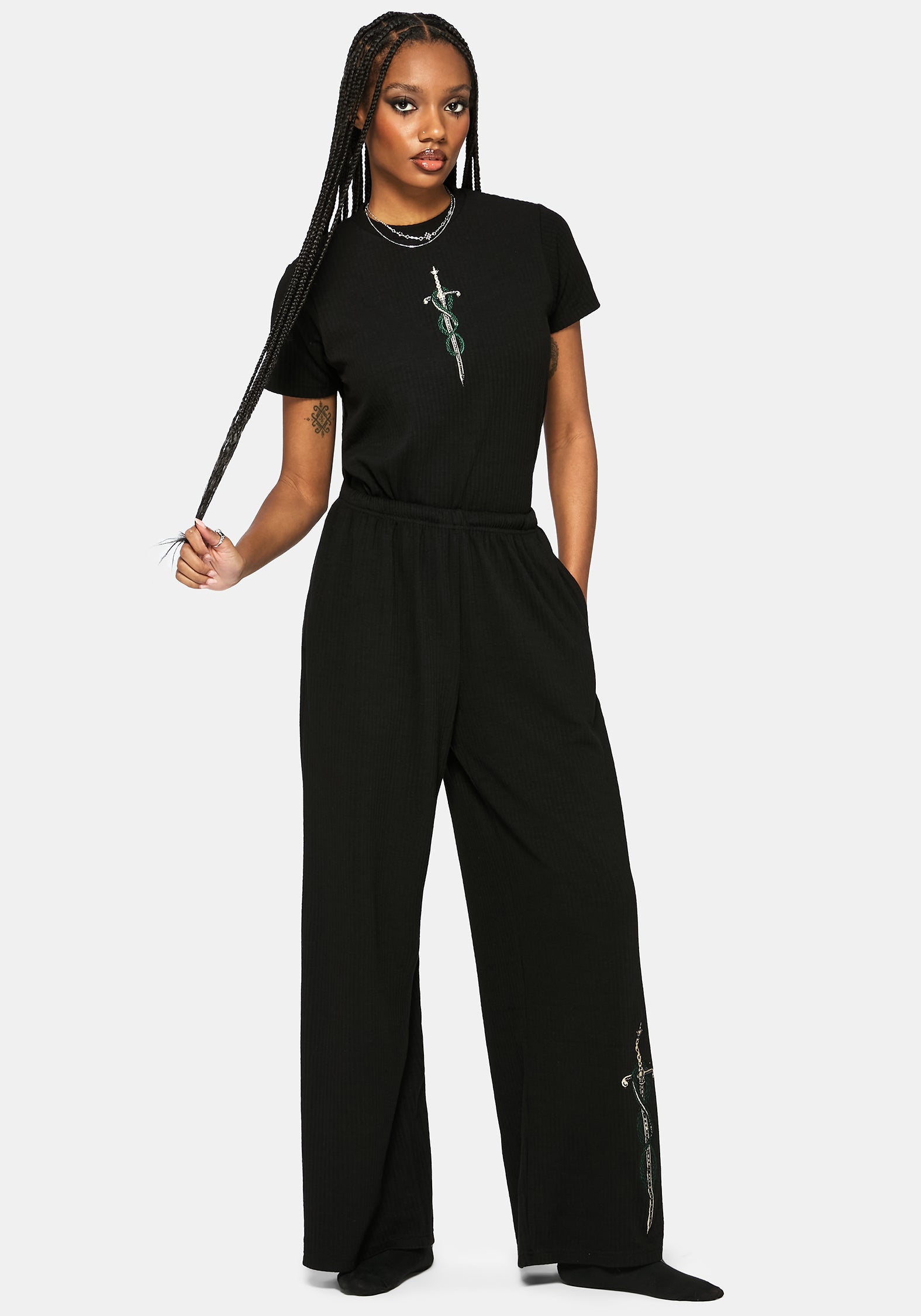 Aelin Sword Embroidered Wide Leg Ribbed Trouser