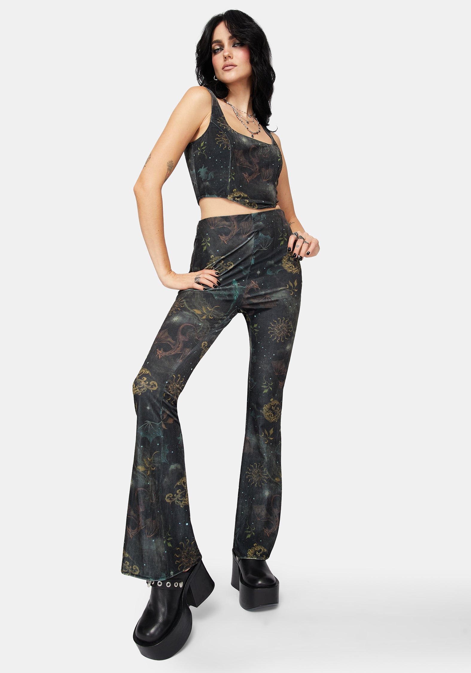 Phoenix Dragon Velour Flare Trouser – Disturbia