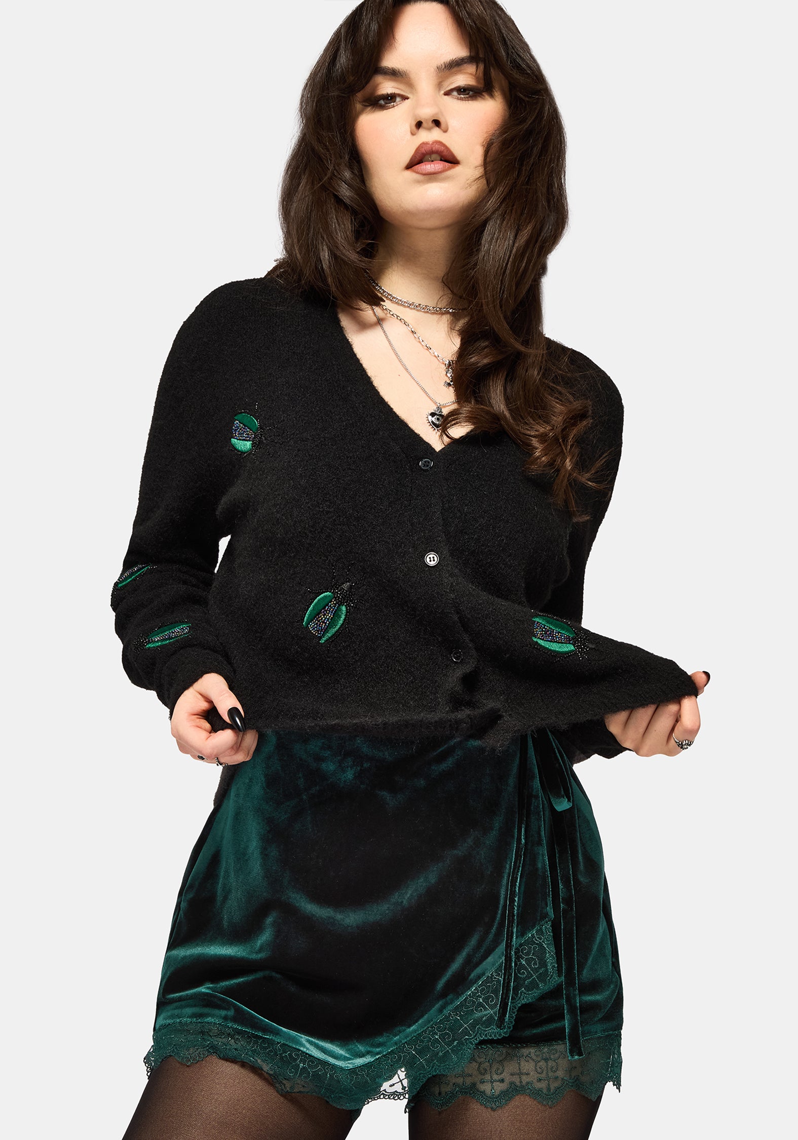 Deva Velour Lace Trim Tie Waist Skort - Dark Green