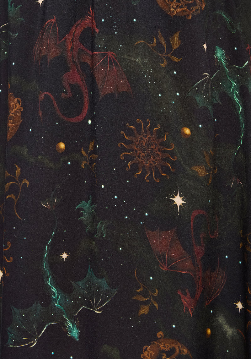 Phoenix Dragon Printed Pleated Midi Skirt