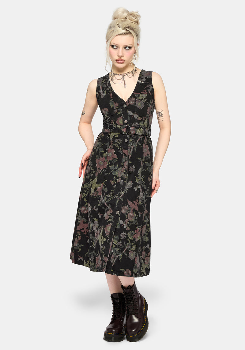 Poison Eden Print Denim Midi Dress  Disturbia