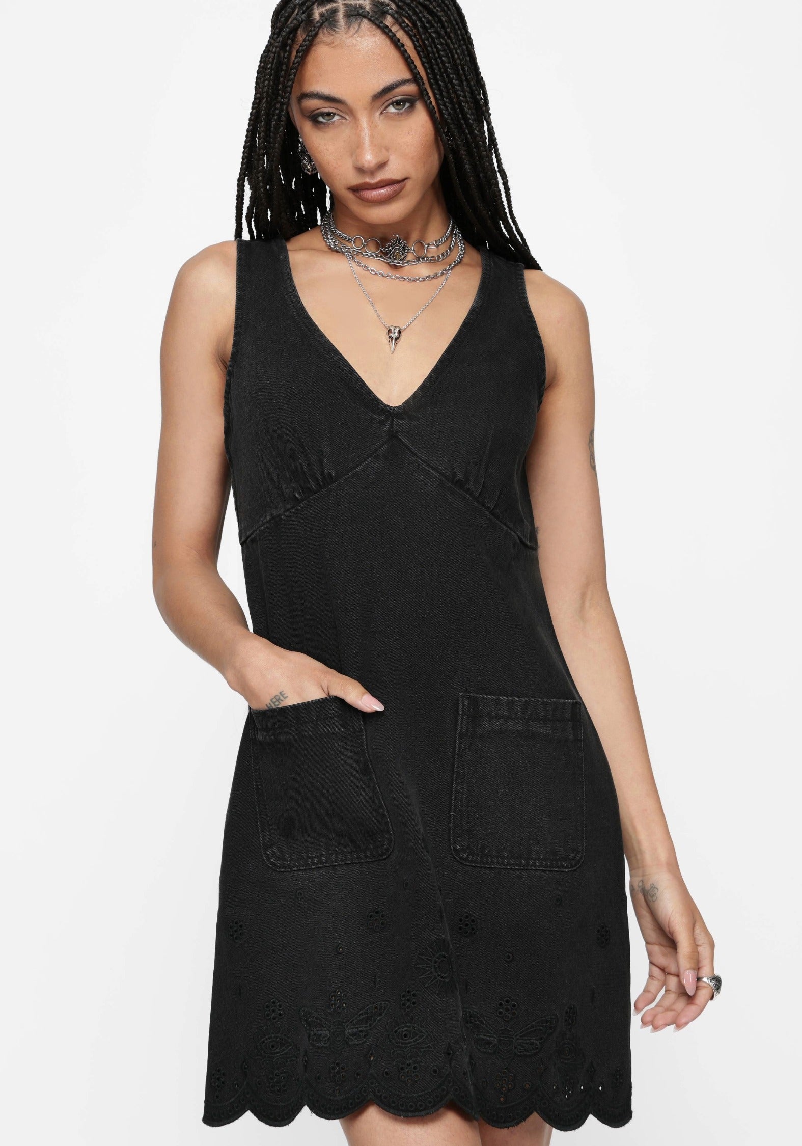 Ayr Broderie Denim Pinafore Dress – Disturbia