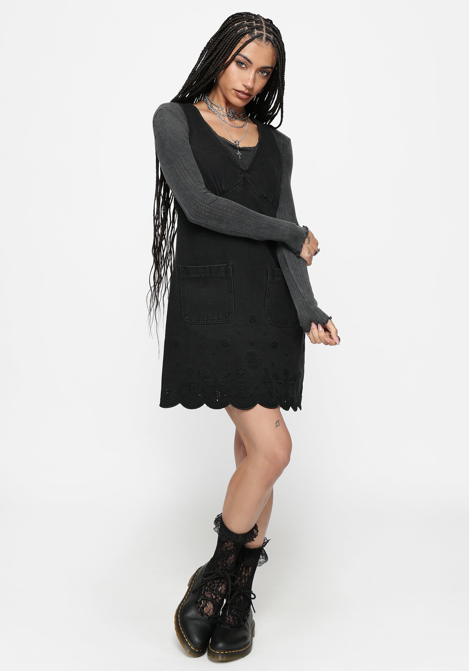 Ayr Broderie Denim Pinafore Dress – Disturbia