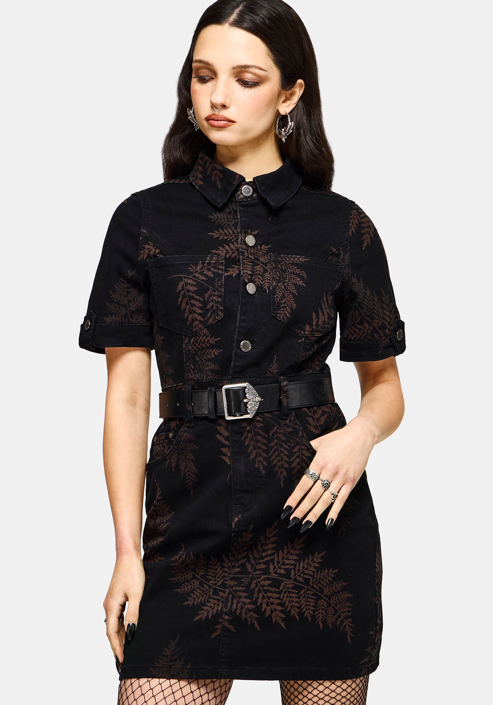 Ruin Fern Printed Denim Mini Shirt Dress