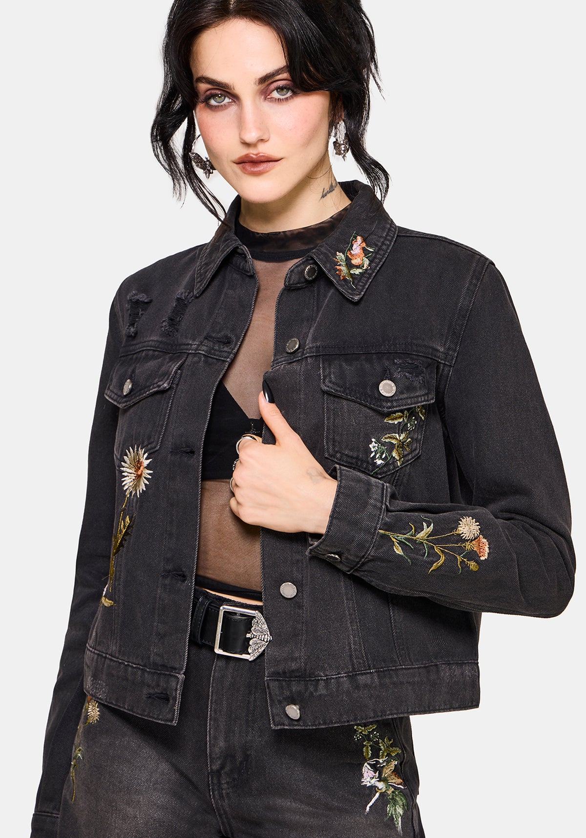 Faela Fairy Embroidered Distressed Denim Jacket US 2