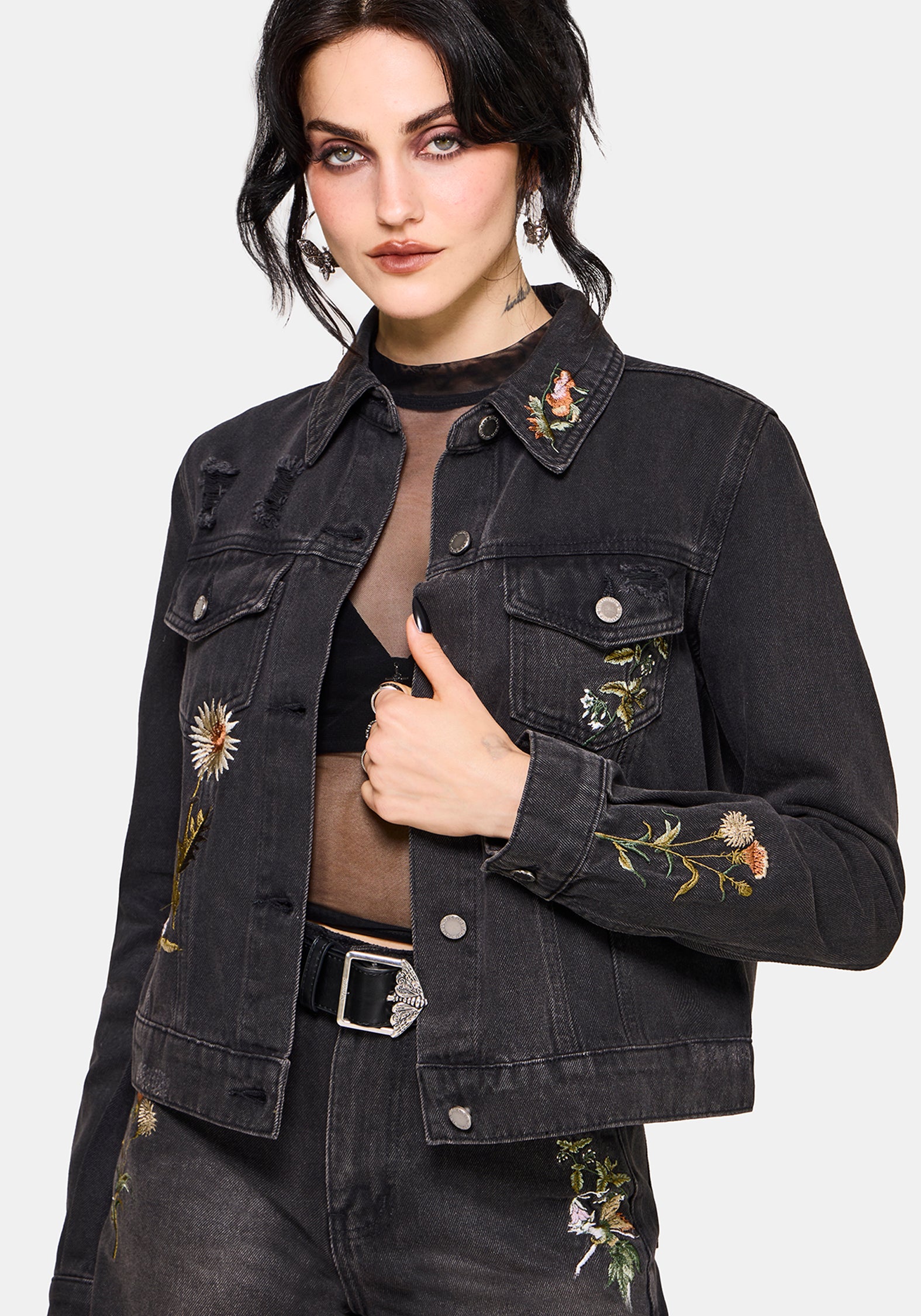 Faela Fairy Embroidered Distressed Denim Jacket US 2